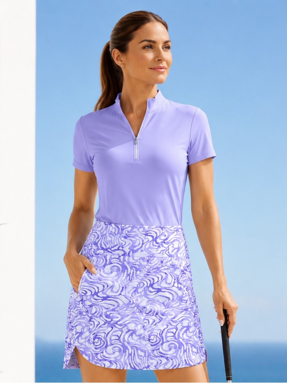 IBKUL Kinsley Golf & Tennis Skort – Size XL | Plum & Lavender Abstract | UPF 50